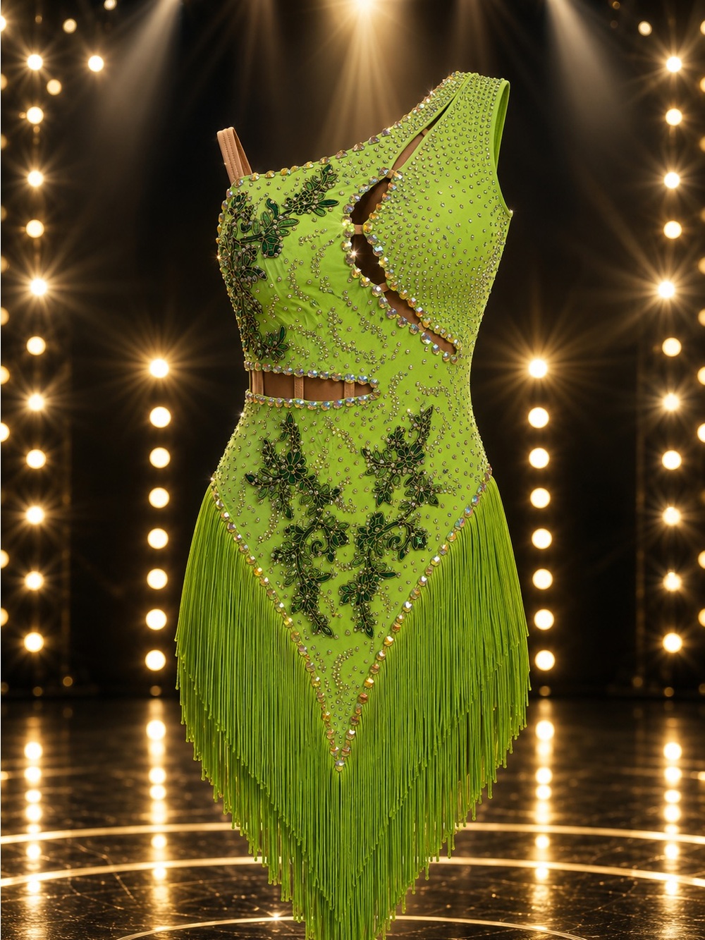 Lime Green One-Shoulder Fringe Embellished Performance Dress